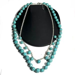 Hand Tied Faceted & Round Turquoise Bead Statement Necklace Silver Tone Boho